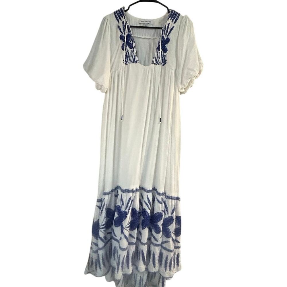 Urban Outfitters White Blue Embroidered BohoMidi Dress Square Neck Puff Sleeve S - Picture 5 of 8